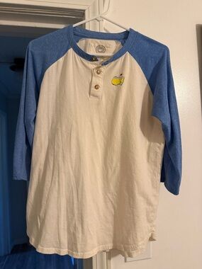 Masters Cream Henley with Blue Raglan Sleeves and Yellow Logo